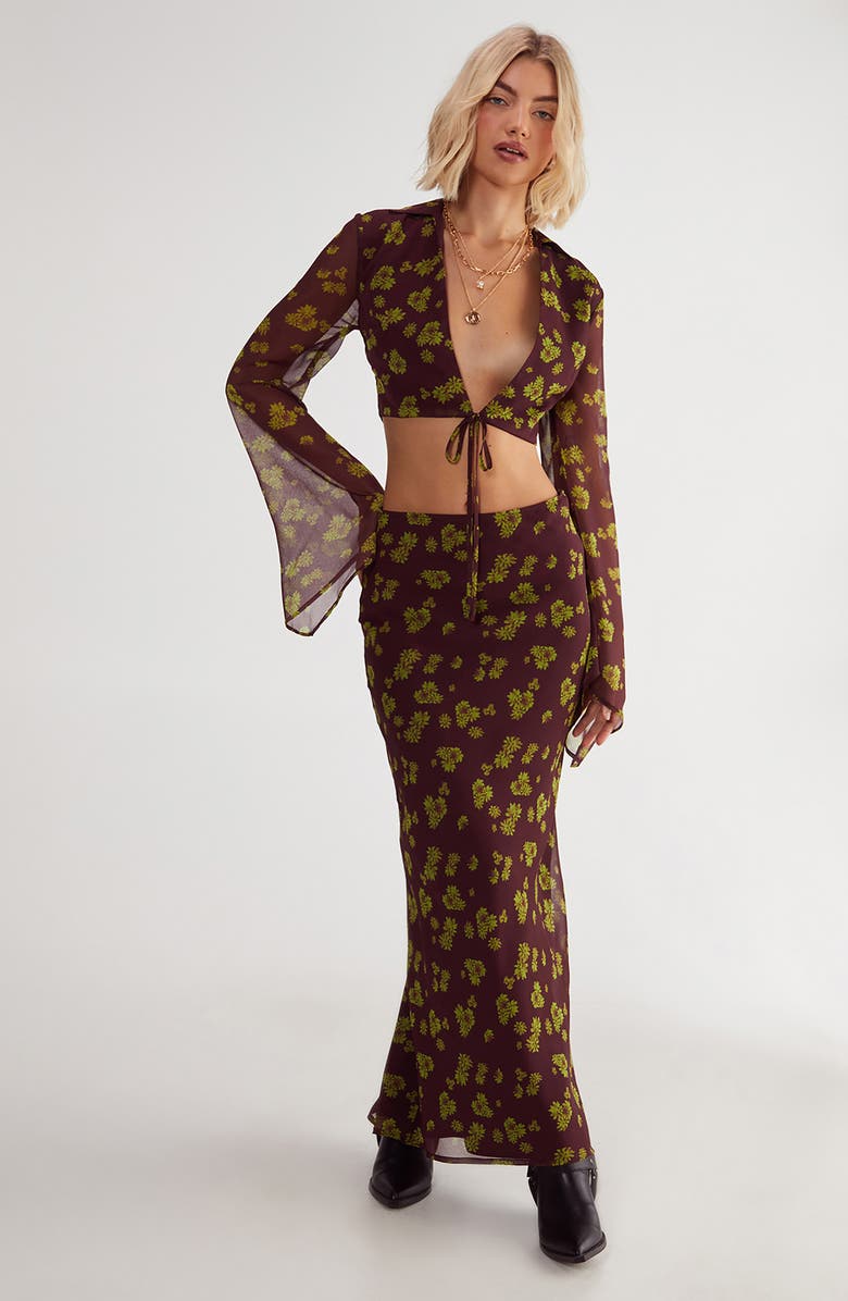 NASTY GAL Floral Tie Front Chiffon Crop Top, Alternate, color, Chocolate