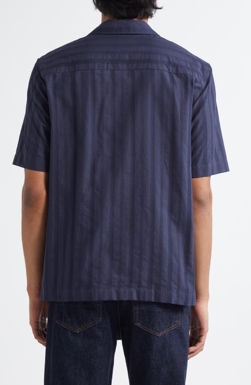 Sunspel Embroidered Stripe Short Sleeve Camp Shirt In Navy