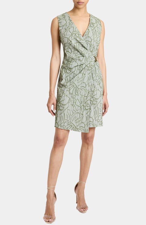 TILLY Sleeveless Faux Wrap Shift Dress in Stretch Cotton Cloque