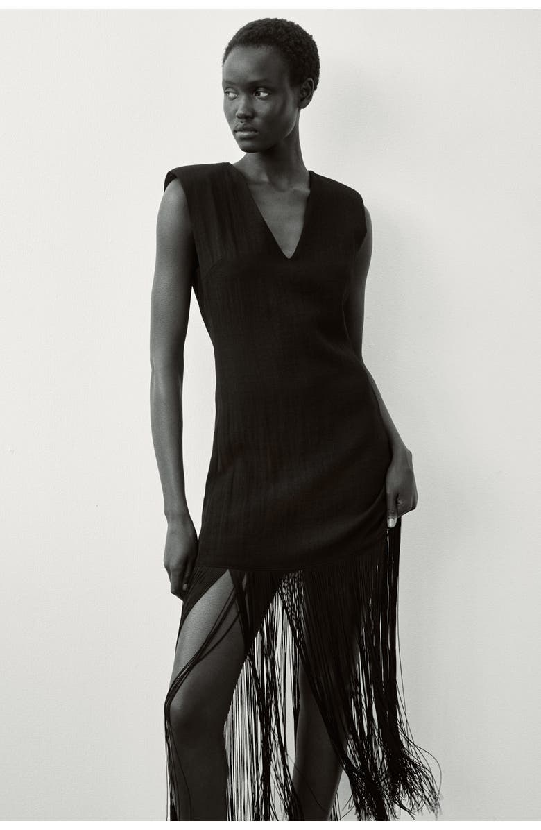 H&M Fringed dress with shoulder pads, Alternate, color, Black