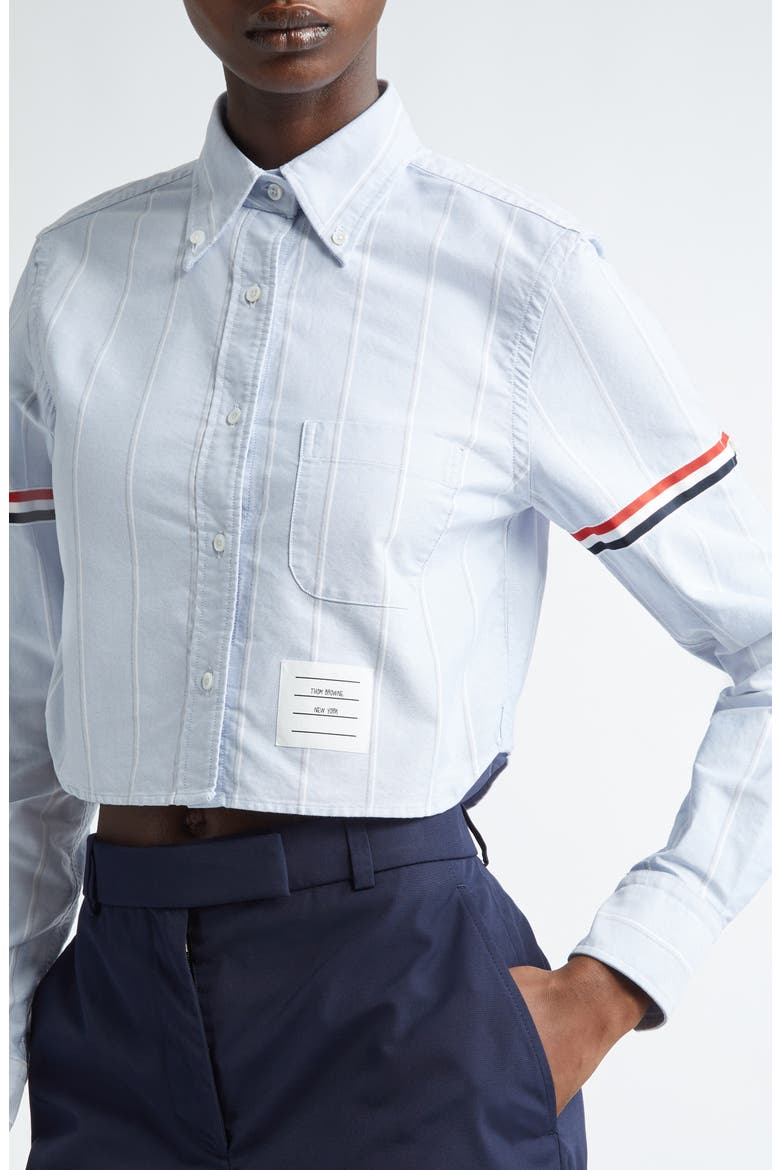 Armband Stripe Cotton Poplin Crop Button-Down Shirt, Alternate, color, NAVY