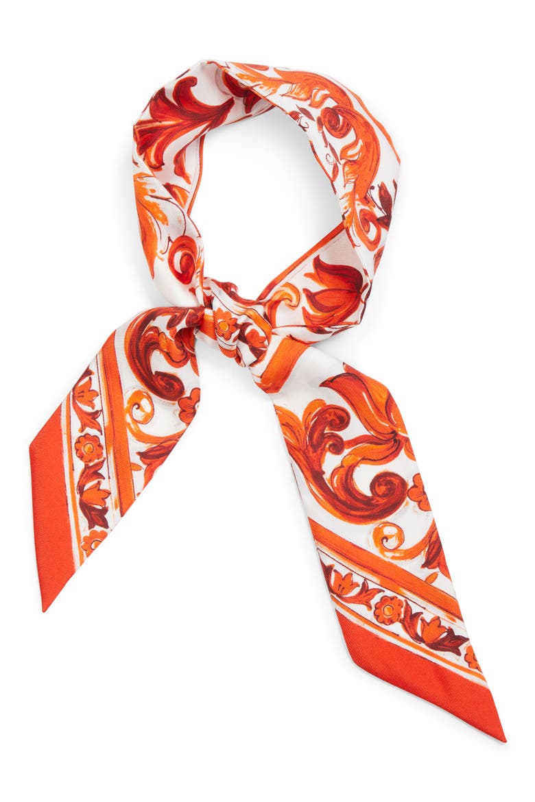 Majolica Print Silk Skinny Scarf, Main, color, MIX MAIOLICA ORANGE