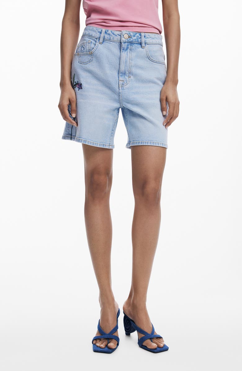 Desigual Floral Embroidered Denim Shorts, Main, color, Light Blue