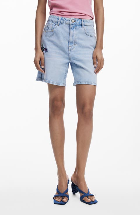 Floral Embroidered Denim Shorts