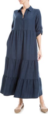 MAX STUDIO LONDON Tiered Long Sleeve Gauze Shirtdress