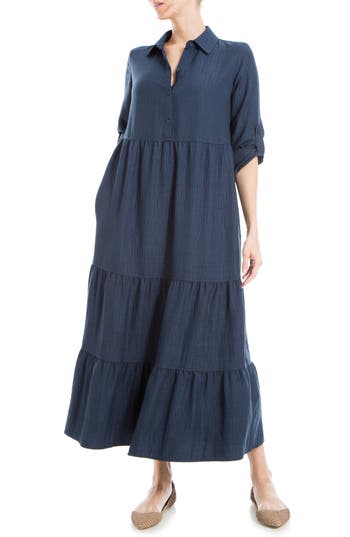 Max Studio London Tiered Long Sleeve Gauze Shirtdress In Heather Navy