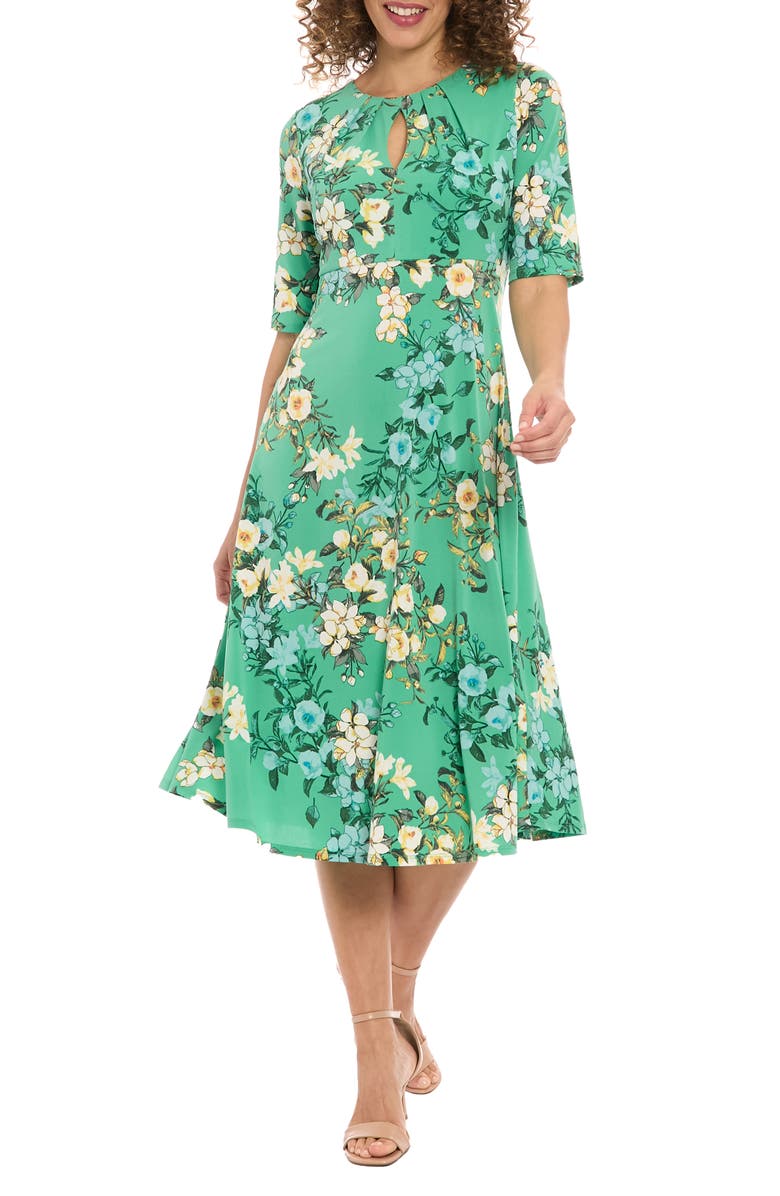 London Times Floral Elbow-Length Sleeve Keyhole Midi Dress, Main, color, Green/ Coral