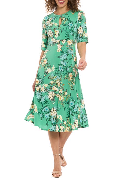 Floral Elbow-Length Sleeve Keyhole Midi Dress