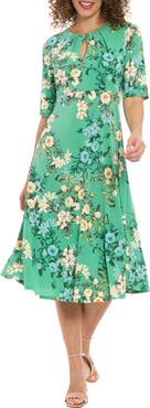 London Times Floral Elbow-Length Sleeve Keyhole Midi Dress