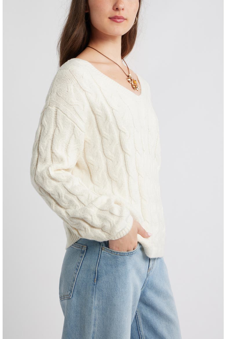 Cable Knit V-Neck Cotton Blend Sweater, Alternate, color, IVORY ANTIQUE