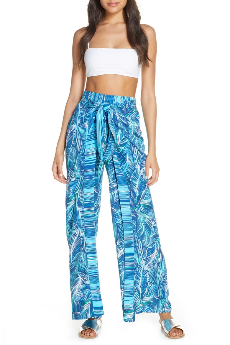 Sketched Leaves Side Slit Cover-Up Pants, Main, color, POOL