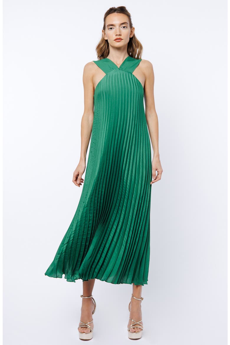Mellisa Pleated Satin Dress, Alternate, color, GREEN