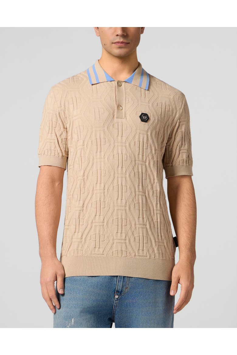 Knitted Polo T-Shirt Jacquard Monogram Men, Main, color, beige