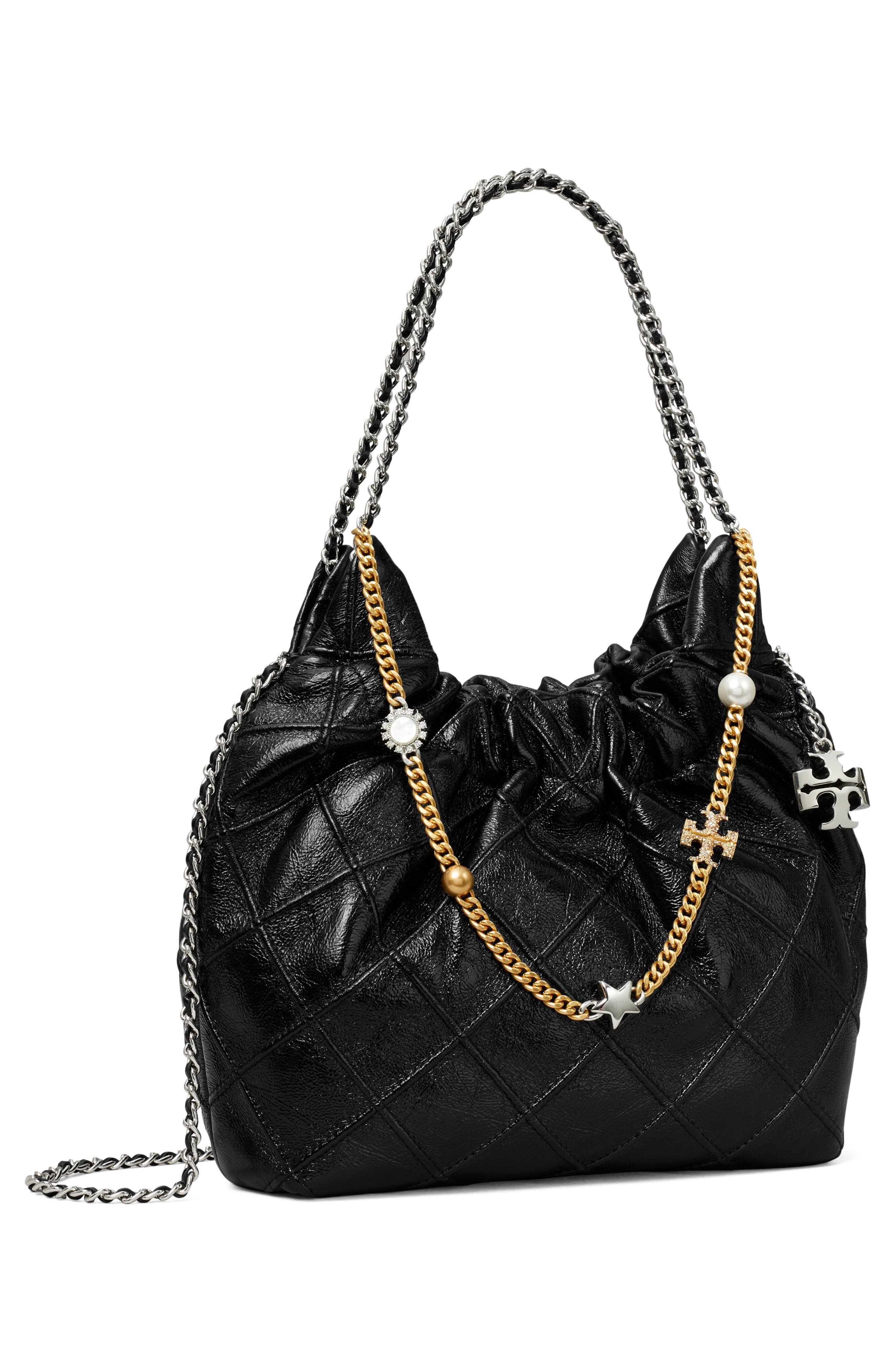 Tory Burch Mini Fleming Distressed Leather Hobo Bag, Alternate, color, Black