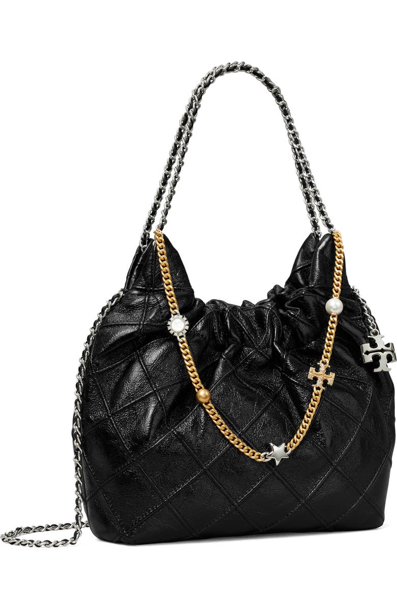 Tory Burch Mini Fleming Distressed Leather Hobo Bag, Alternate, color, Black