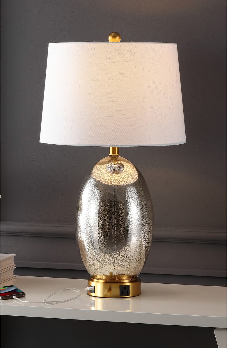 JONATHAN Y Reese 26.5" 1-Outlet Contemporary Style Iron/Glass LED Table Lamp with USB Charging Port, Alternate, color, Silver/Brass Gold