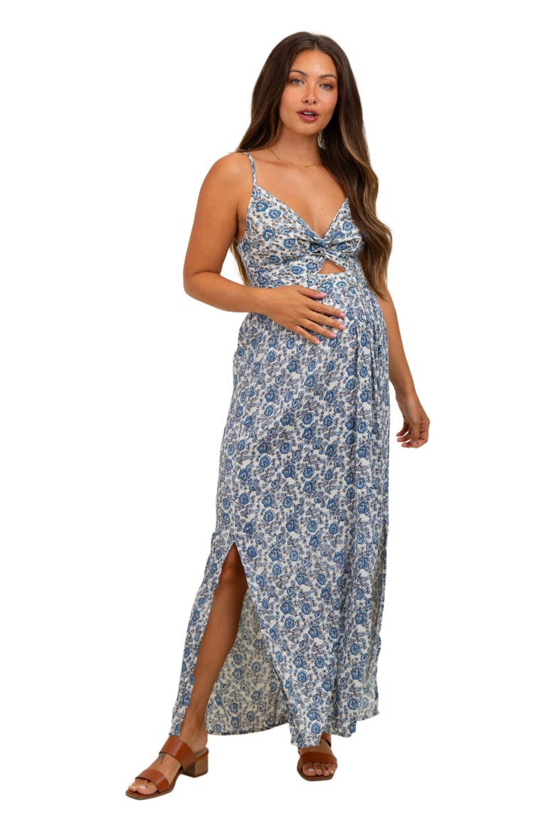 Floral V-Neck Twist Front Keyhole Maxi Dress, Alternate, color, Blue