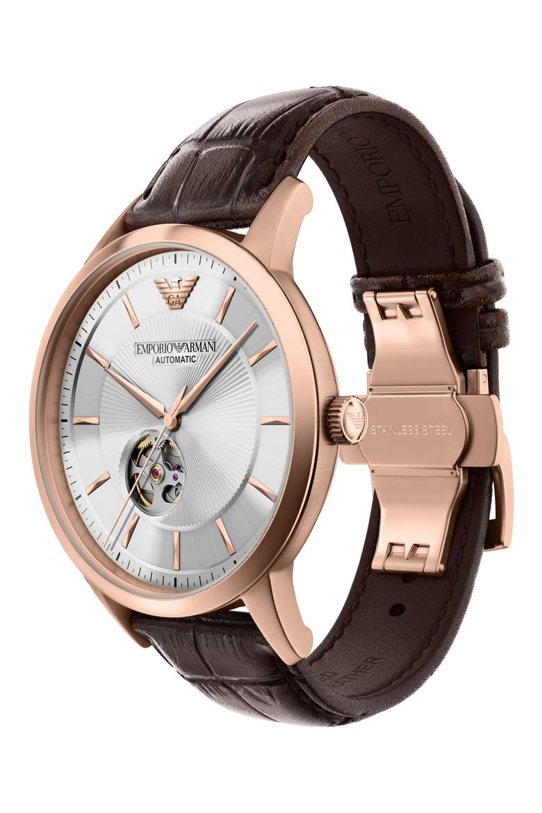 Archetipo Automatic Leather Strap Watch, Alternate, color, SILVER/ ROSE GOLD/ BROWN