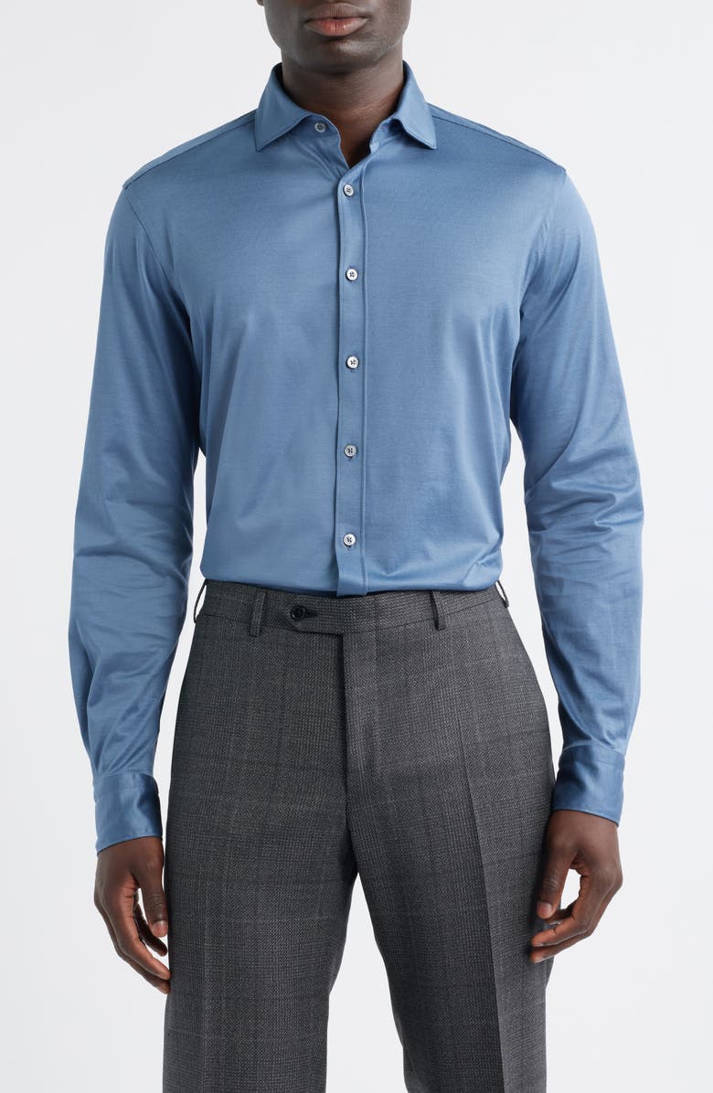 Canali Regular Fit Cotton Jersey Button-Up Shirt, Main, color, Blue