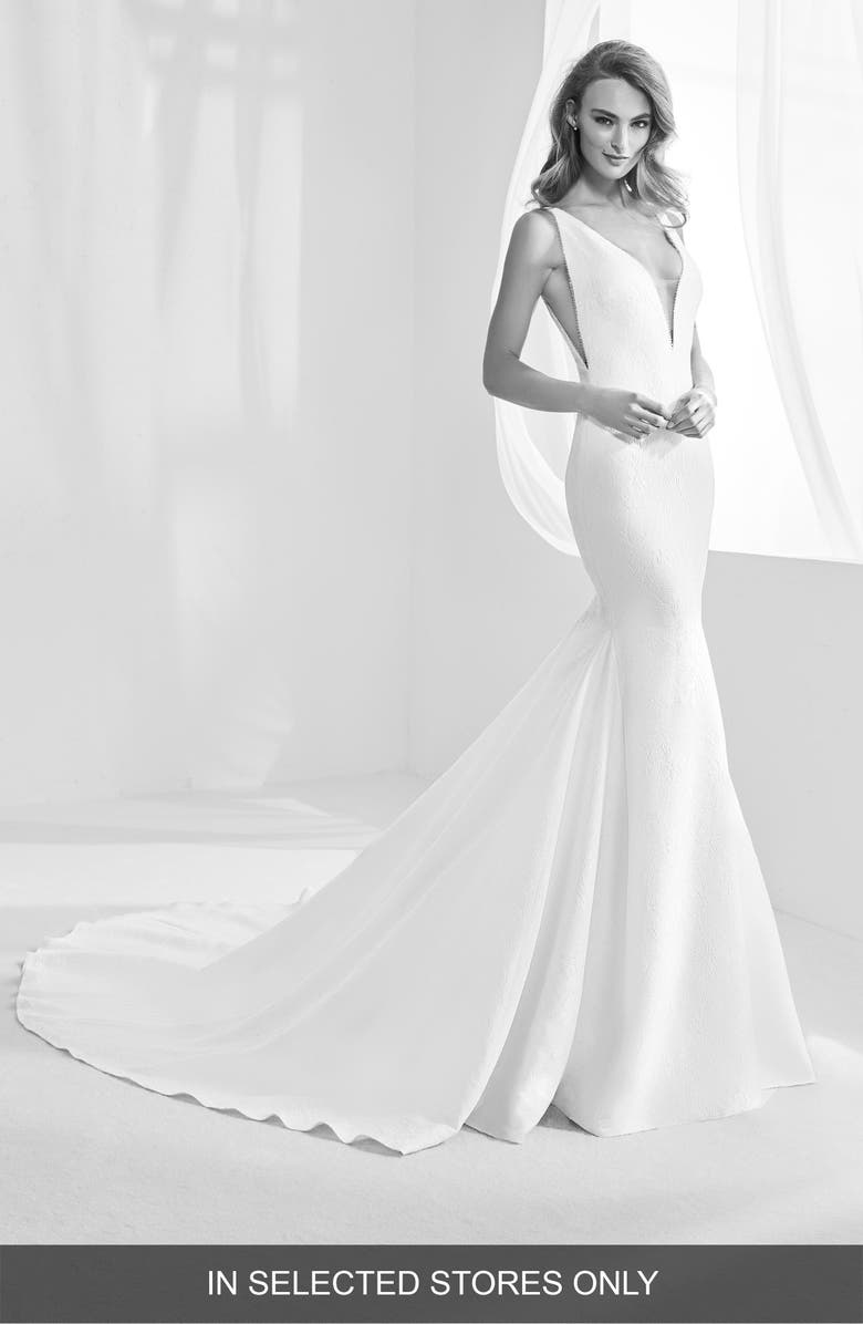 Atelier Pronovias Racimo V-Back Crepe Mermaid Gown, Main, color, 