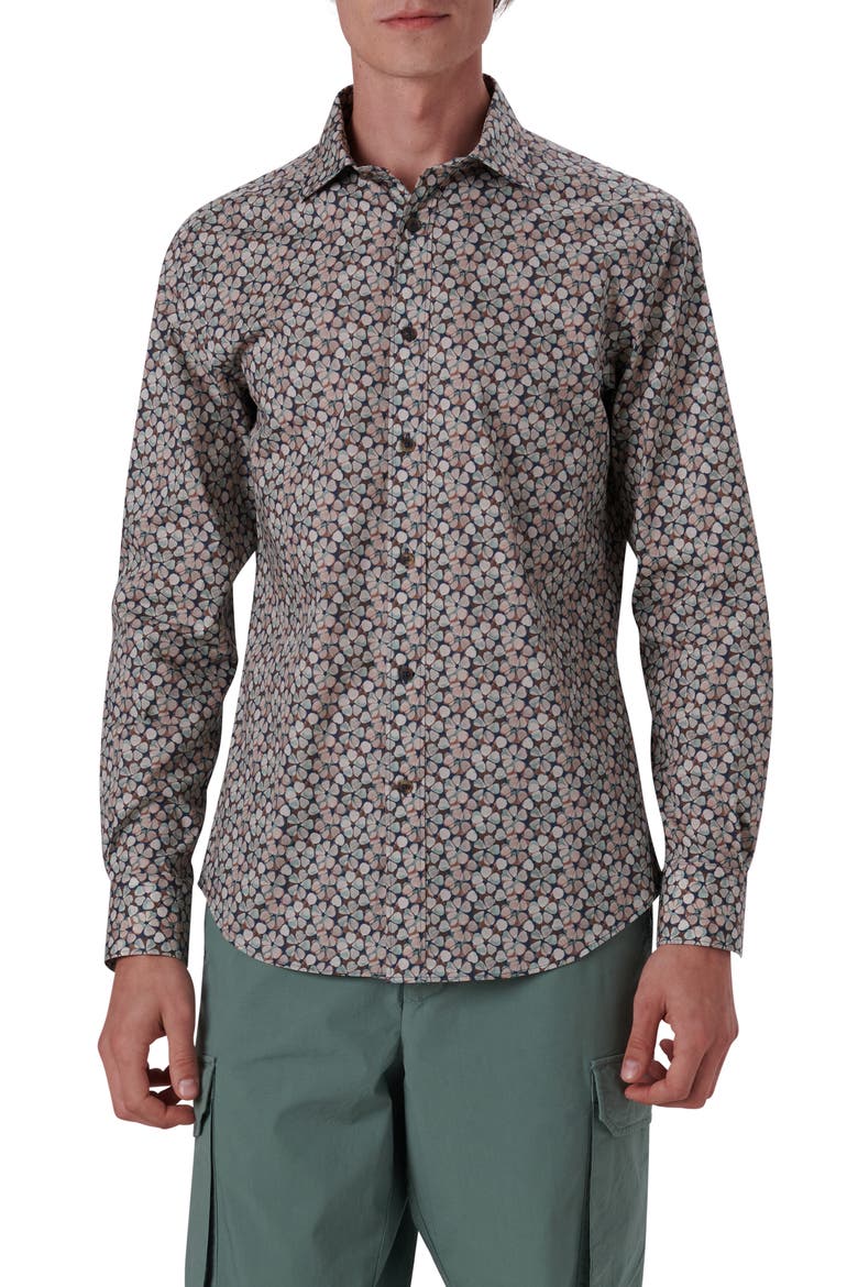 Shaped Fit Print Stretch Cotton Button-Up Shirt, Main, color, TOBACCO