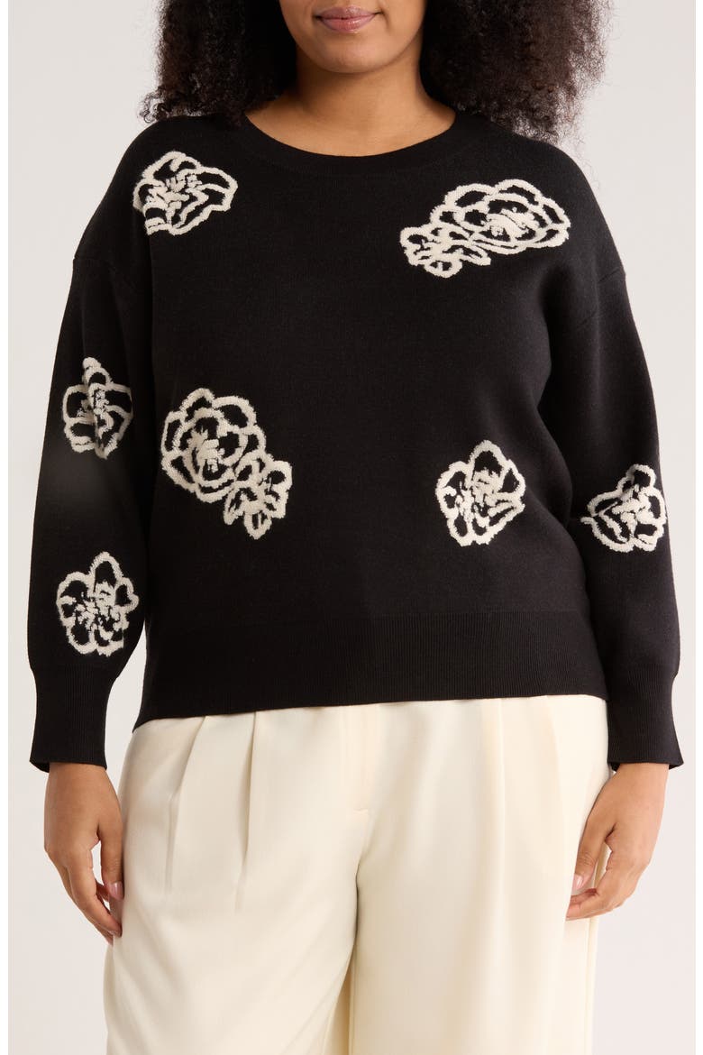 Floral Crewneck Sweater, Main, color, BLACK/ IVORY