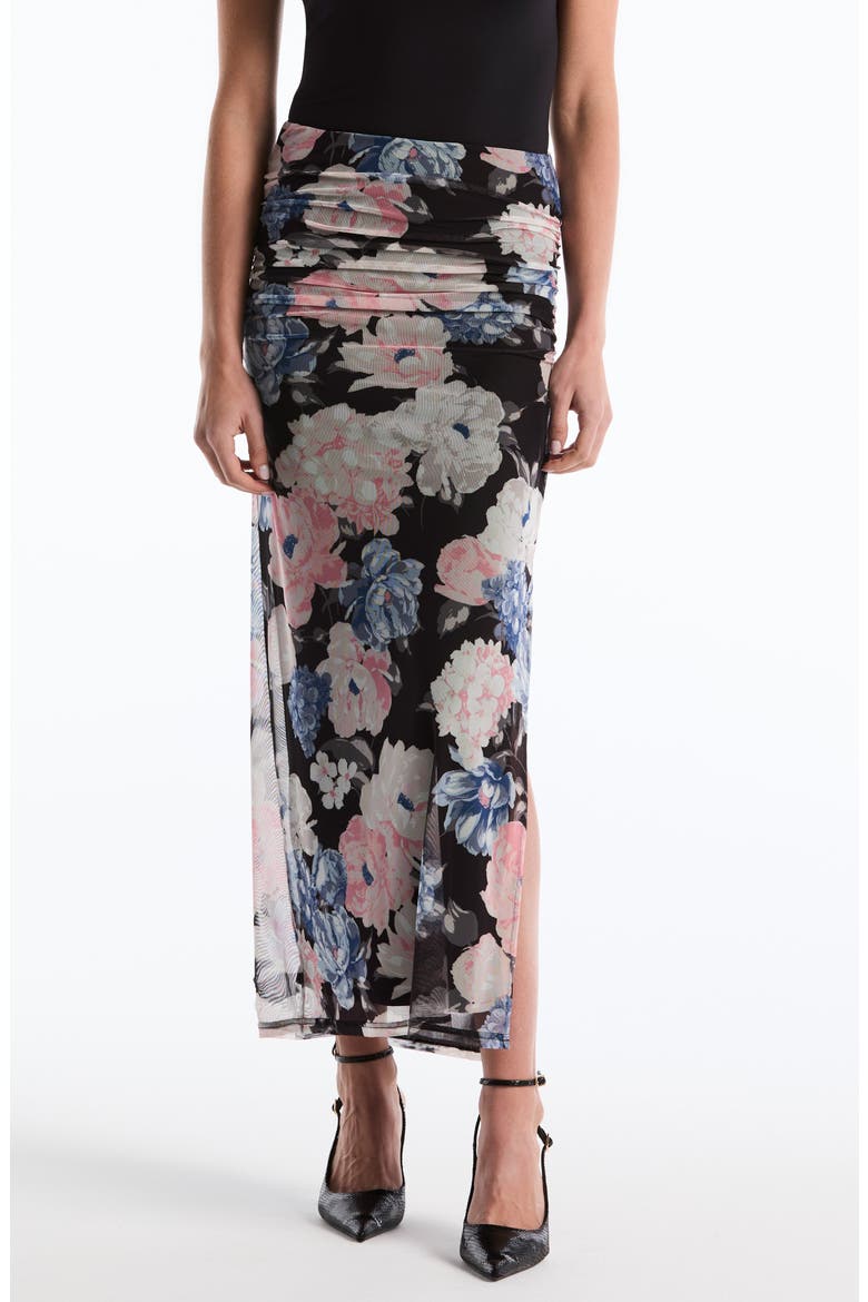 Floral Ruched Mesh Midi Skirt, Main, color, BLACK