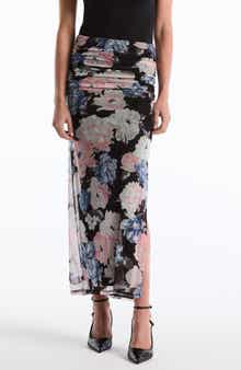 Laundry by Shelli Segal Floral Ruched Mesh Midi Skirt