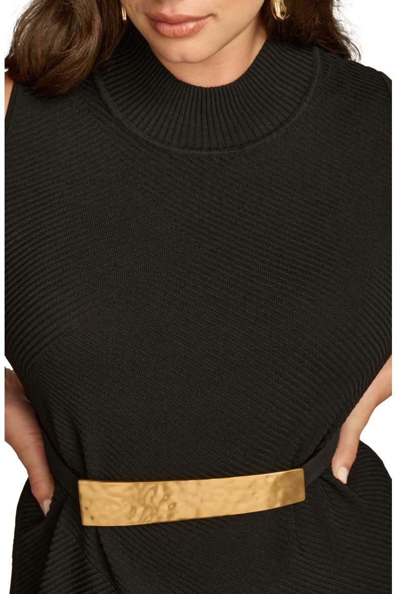 Poly Belted Cold Shoulder Midi Dress, Alternate, color, BLACK