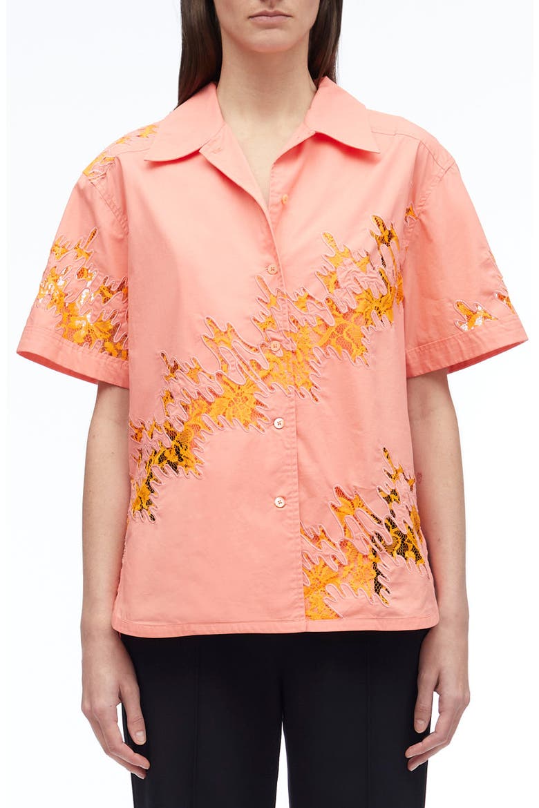 Squiggle Lace Camp Shirt, Main, color, PAPAYA-CLEMENTINE