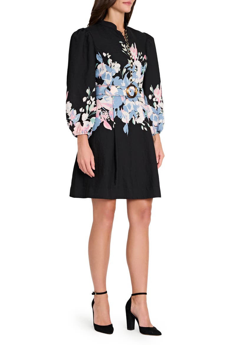 Print Belted Long Sleeve Dress, Alternate, color, BLACK BLUE PINK