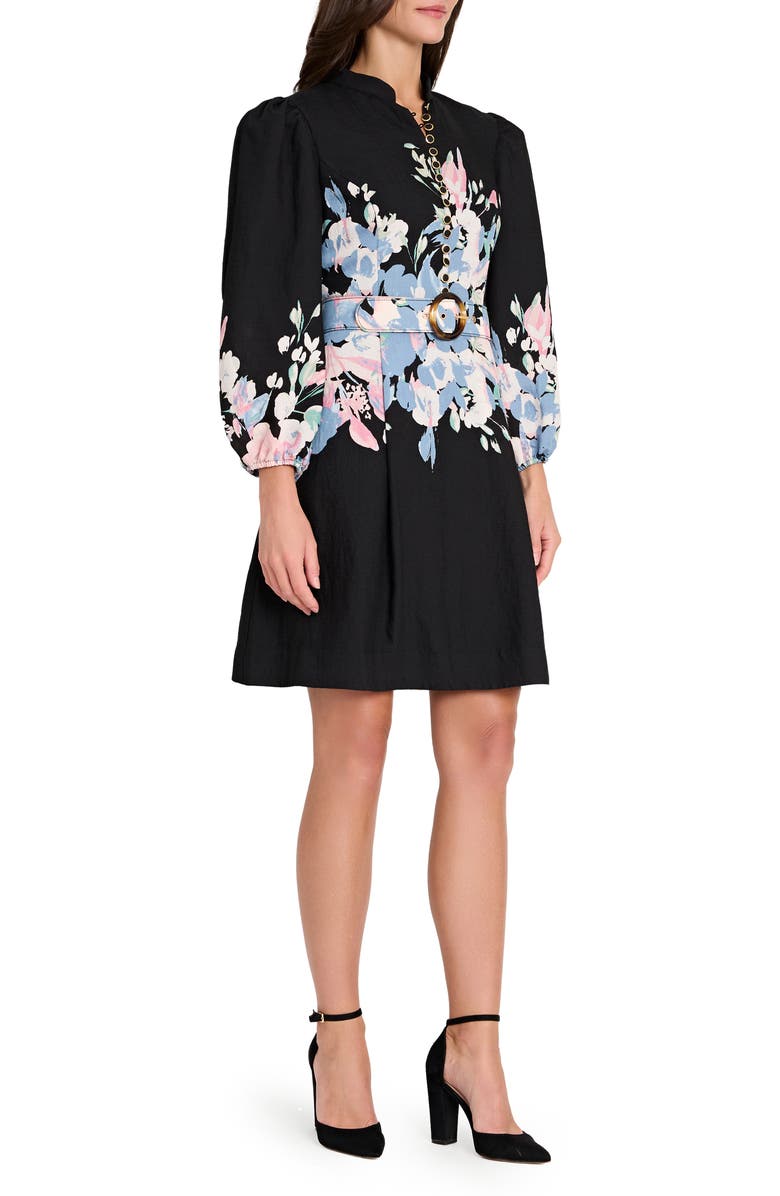 Tahari ASL Print Belted Long Sleeve Dress, Alternate, color, Black Blue Pink