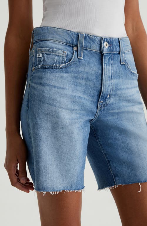 Ag Ex-boyfriend Distressed Raw Hem Mid Length Denim Shorts In Blue