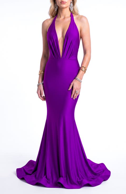 Plunging Halter Open-Back Mermaid Gown With Train