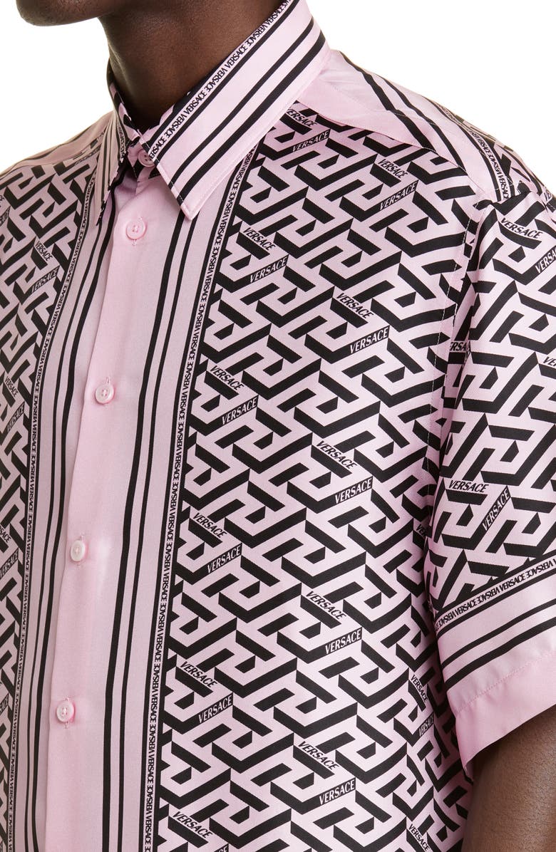 Versace La Greca Print Short Sleeve Silk Button-Up Shirt, Alternate, color,
