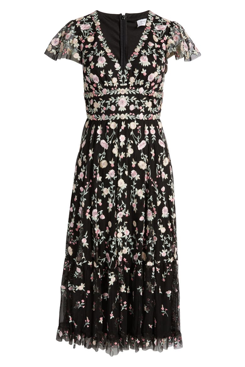 Embroidered V Neck Cap Sleeve Midi Dress, Alternate, color, BLACK MULTI