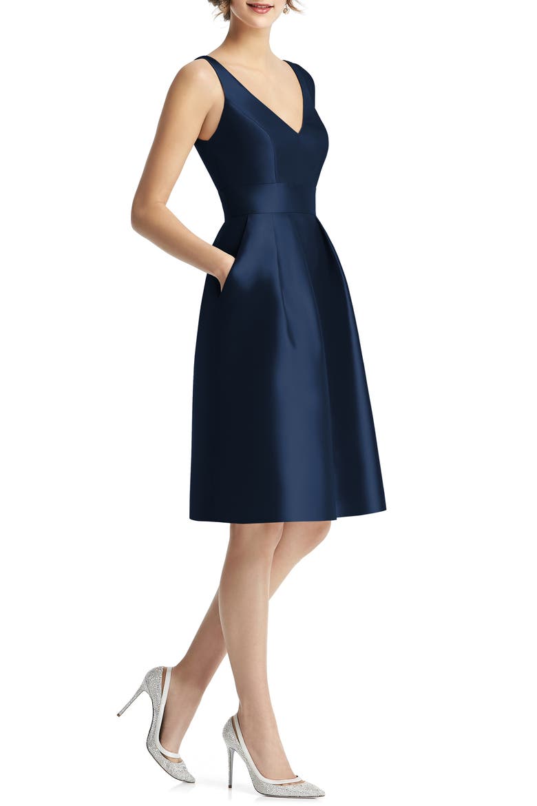 V-Neck Satin Cocktail Dress, Main, color, MIDNIGHT