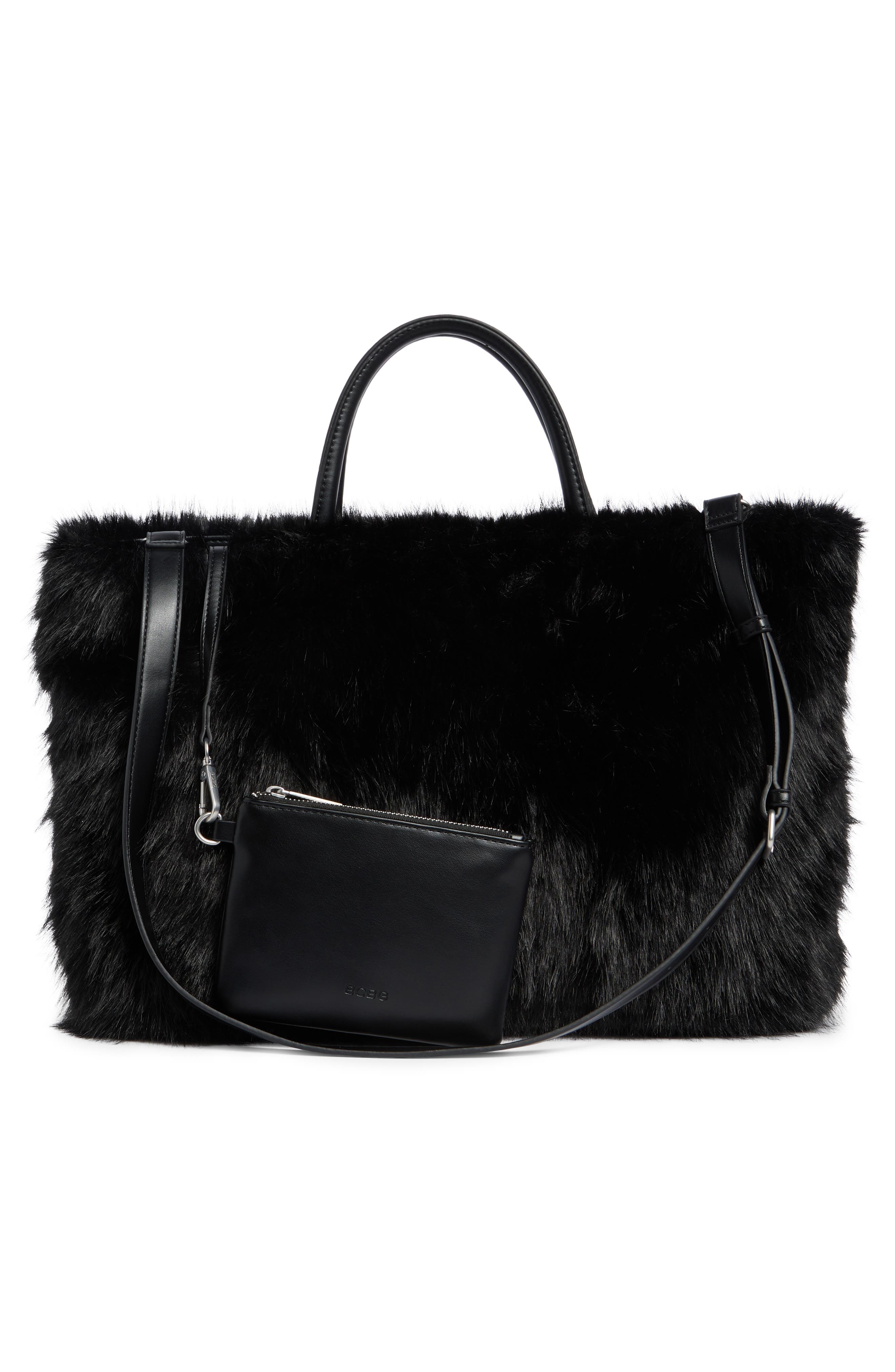 BCBG Faux Fur Tote Bag with Pouch, Alternate, color, Black