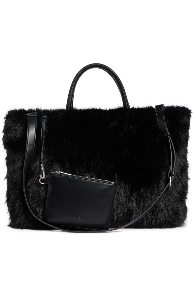 BCBG Faux Fur Tote Bag with Pouch, Alternate, color, Black
