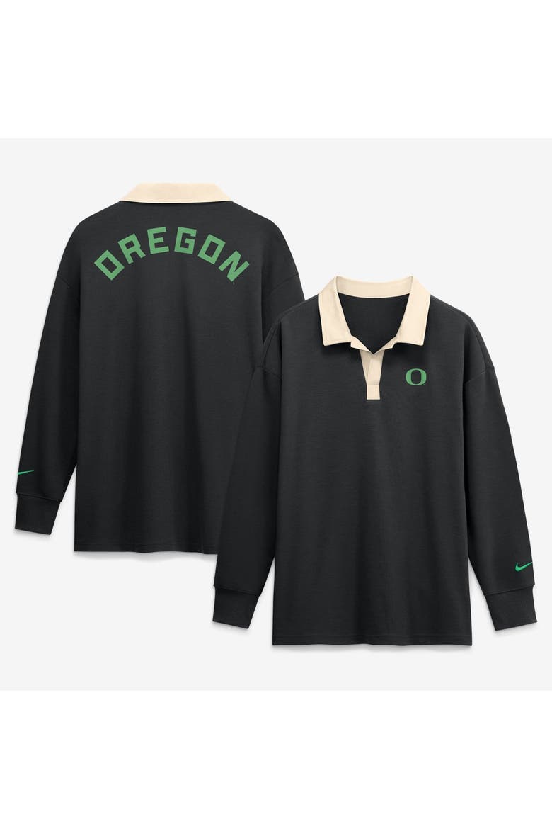 Women's Nike Black Oregon Ducks Oversized Essential Dri-FIT Long Sleeve V-Neck Polo, Main, color, Black