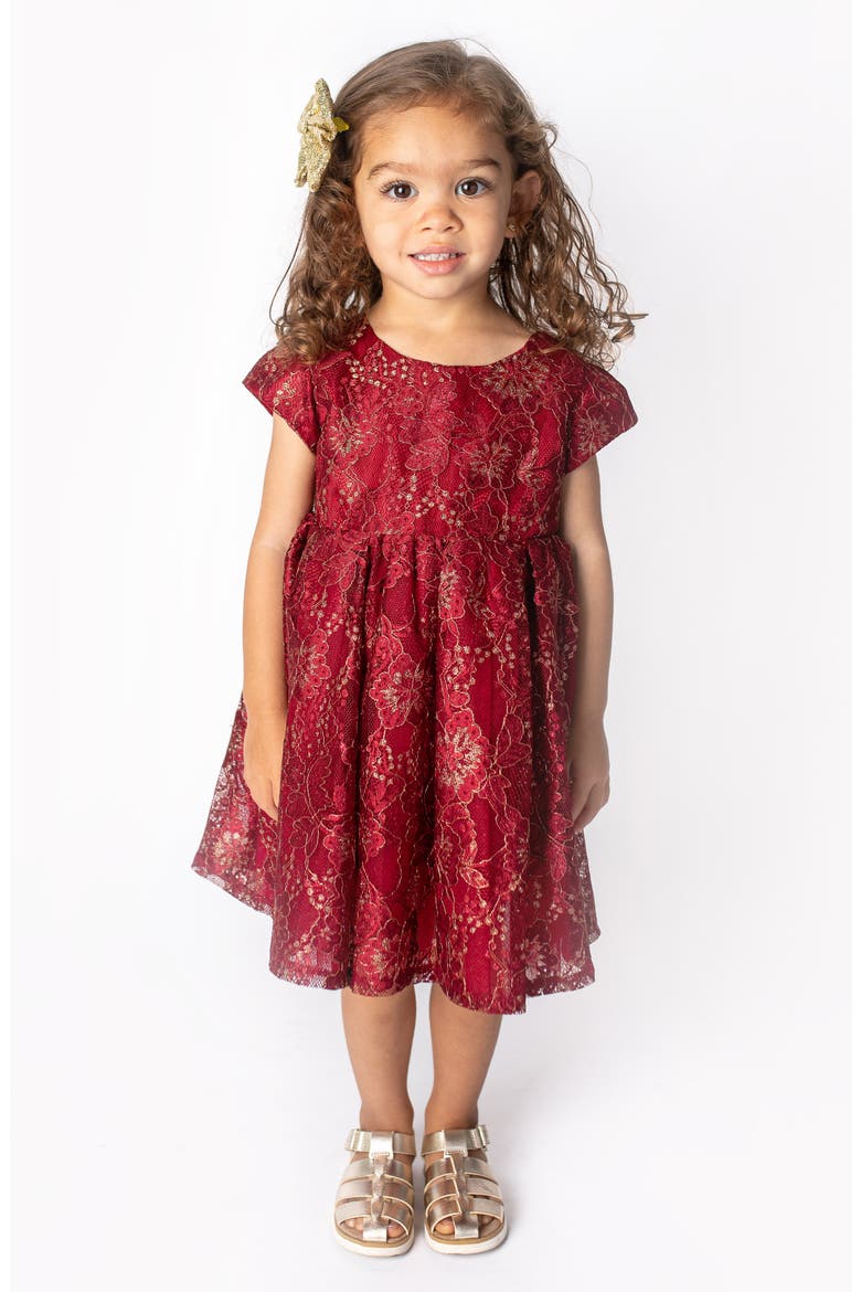 Kids' Metallic Cap Sleeve Lace Dress, Alternate, color, DARK RED