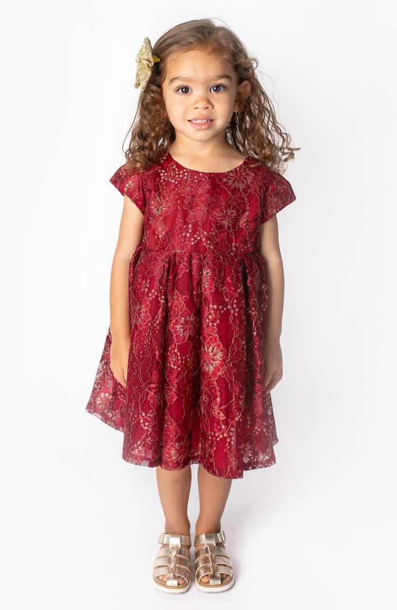 Popatu Kids' Metallic Cap Sleeve Lace Dress, Alternate, color, Dark Red
