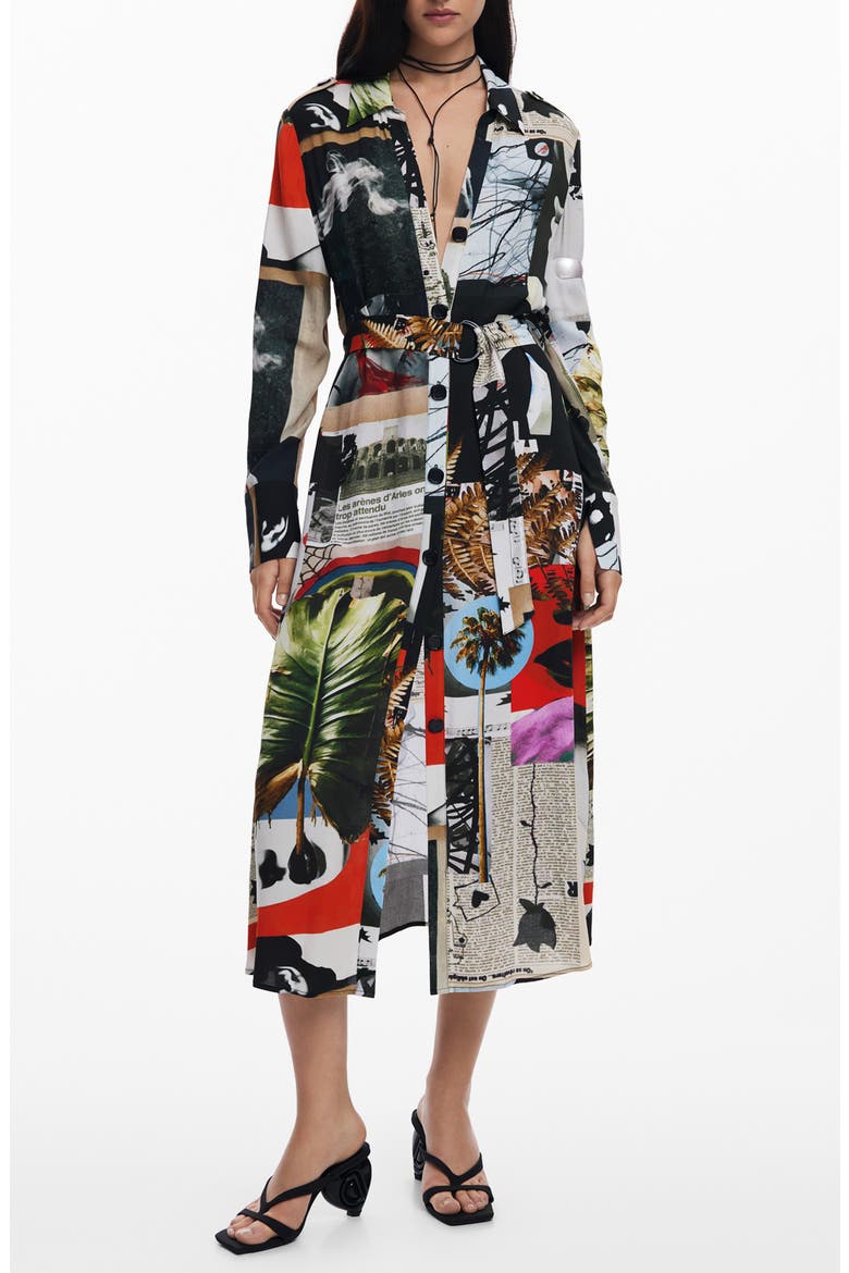 Belted Long Sleeve Crepe Maxi Shirtdress, Main, color, WHITE MULTI