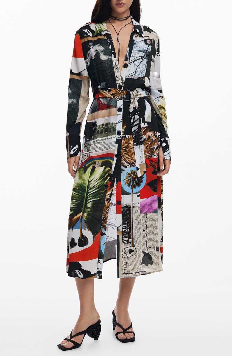 Desigual Belted Long Sleeve Crepe Maxi Shirtdress, Main, color, White Multi