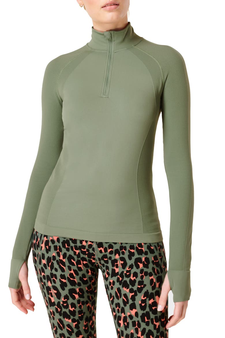 Athlete Seamless Half-Zip Workout Top, Main, color, HEATH GREEN