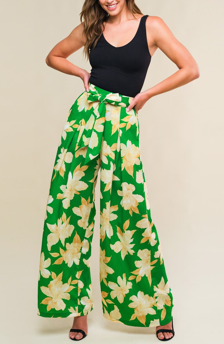 FLYING TOMATO Floral High Waist Wide Leg Pants, Alternate, color, Green Gold