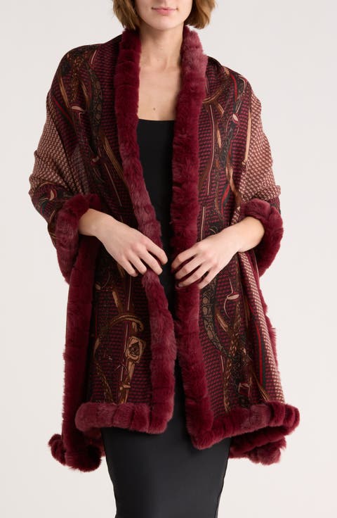 Faux Fur Trim Chain Print Wrap Scarf