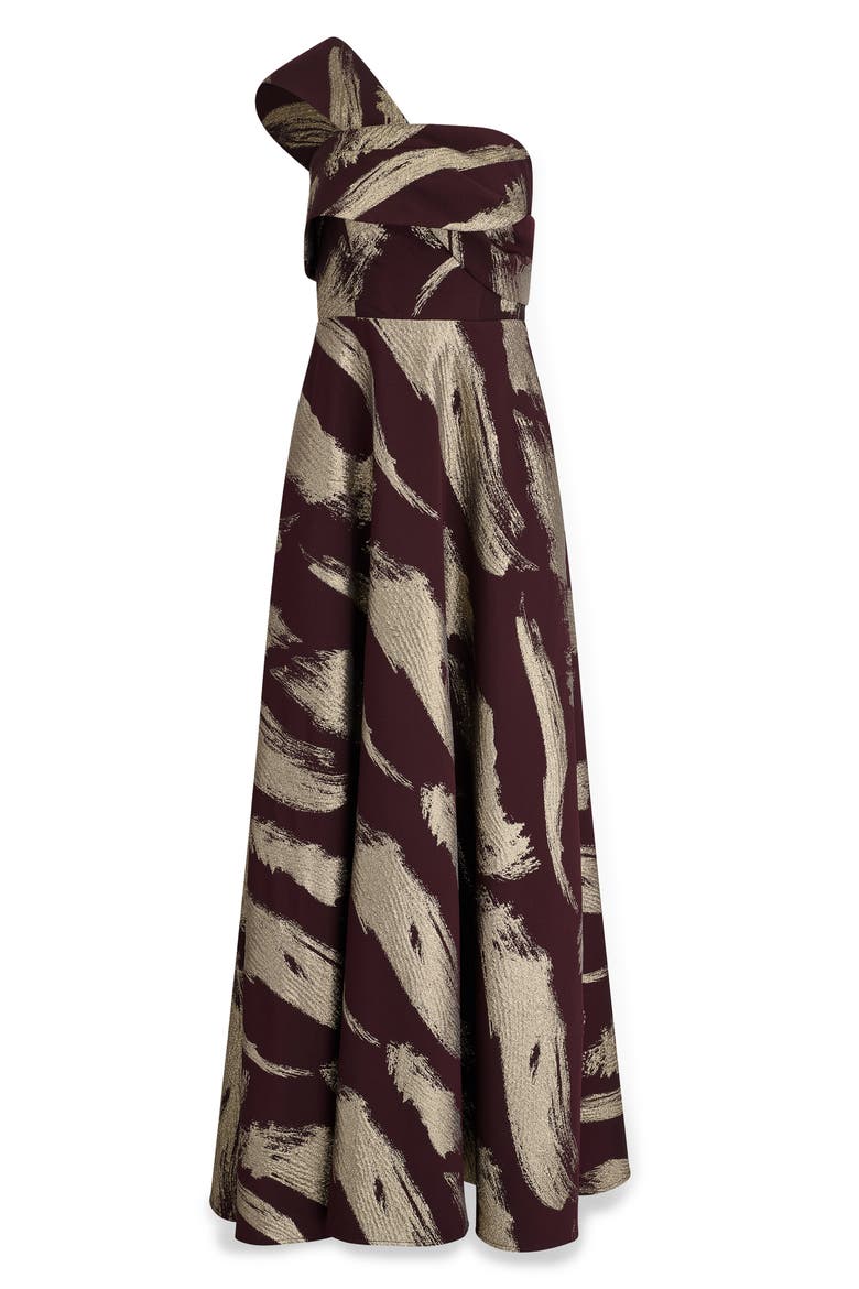 Metallic Abstract Print One-Shoulder Gown, Alternate, color, PRUNE/ PALE