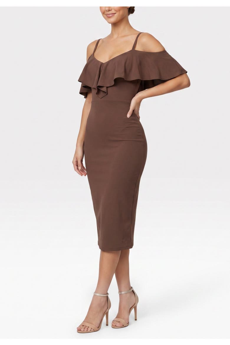 Marcella Off the Shoulder Ruffle Midi Dress, Alternate, color, Mocha