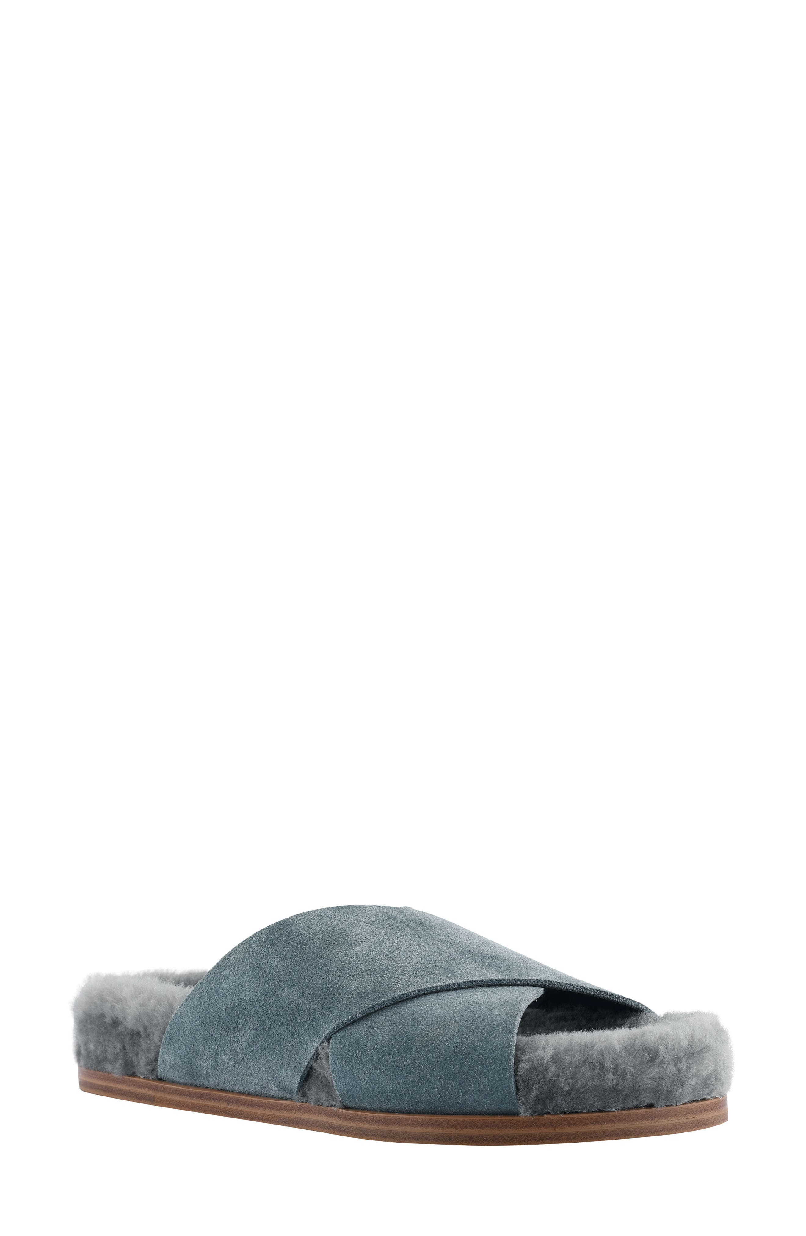 Canna Genuine Shearling Lined Slide Sandal, Main, color, DARK GREY SUEDE